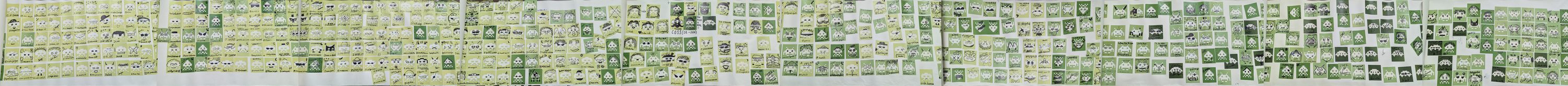 A long paper scroll covered in hand-decorated green Space Invader stickers, each signed with a username.